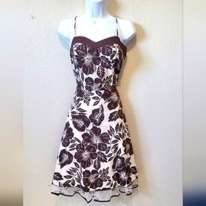 💚5/$25 Speechless Brown & Cream Floral Tropical Sweetheart Midi Dress Size 11